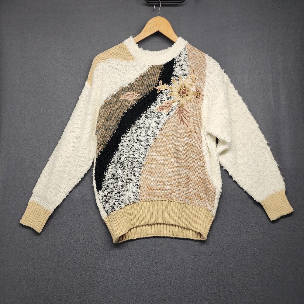 Vintage Needles & Yarn Sweater Womens Large Cream Beige Floral Applique 90s